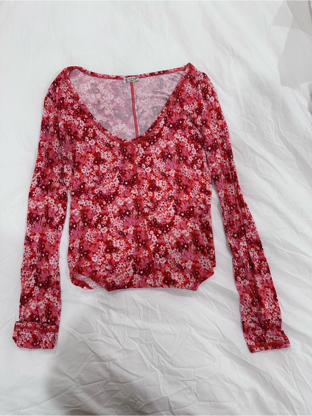 Free People Pink Red Floral Long Sleeve Scoop Neck Tee